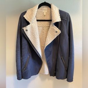 Leith Shearling Suede Blue Moto Jacket. Size Medium.